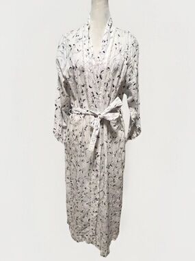 VTG Eileen West Summer Breeze Cotton Robe Eyelet White Black Floral Embroidery S